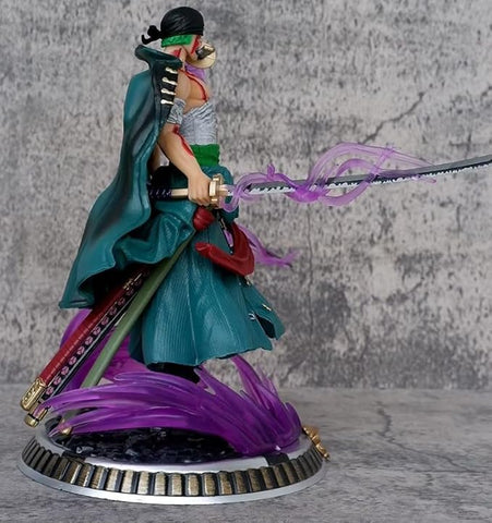 Pirate Roronoa Zoro Triple Sword Standing Action Figure | 21cm Samurai Green Robe Zoro Figurine with Purple Aura Effect & Three Katana Style for Desk, Shelf & Display |Gift for Anime Fans