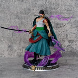 Pirate Roronoa Zoro Triple Sword Standing Action Figure | 21cm Samurai Green Robe Zoro Figurine with Purple Aura Effect & Three Katana Style for Desk, Shelf & Display |Gift for Anime Fans