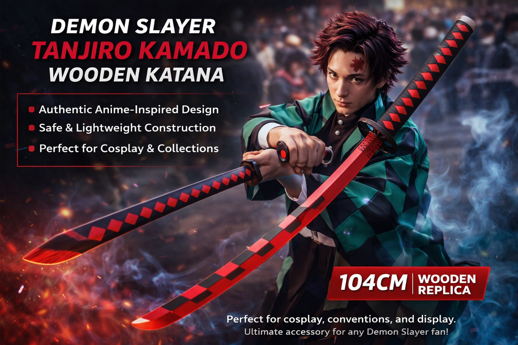 Demon Slayer Tanjiro Kamado (104cm) Wooden Katana | Wooden Tanjiro Cosplay Sword | Safe & Lightweight Ninja Sword for Anime Lovers | Halloween Prop Weapon | Boys & Girls (Black&Red)