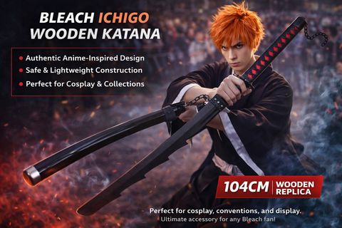 Bleach Ichigo Zangetsu Wooden Katana – 104cm Medium-Size Anime Sword for Cosplay, Martial Arts, Display & Training – Gift for Fans, Kids, Teens & Collectors