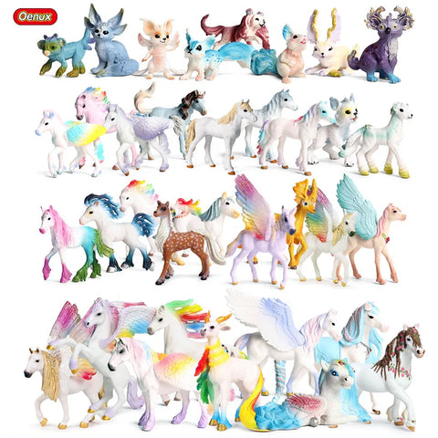 Oenux Original Genuine Fairy Tale Fly Wing Horse Elves Elf Mythical Rainbow Pegasus Action Figures Animal Model Kids Toy Gift